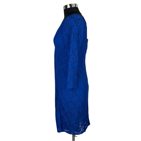 ADRIANNA PAPELL BLUE FLORAL LACE 3/4 SLEEVE STRETCH FITTED SHEATH COCKTAIL DRESS - Picture 4 of 15